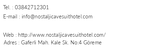 Nostalji Cave Suit Hotel telefon numaralar, faks, e-mail, posta adresi ve iletiim bilgileri
